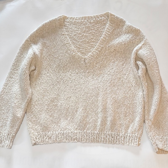 V-Neck Boucle Sweater FP Style Ivory, Soft, Natural, Relaxed,Womens L - Picture 2 of 6